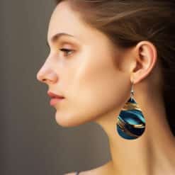 Teal and Gold Abstract Teardrop Earrings - Lifestyle