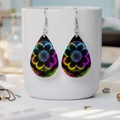 Black Rainbow Sunflower Tie Dye Abstract Teardrop Earrings - Lifestyle