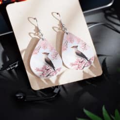 Bird Amongst the Cherry Blossoms Watercolor Teardrop Earrings - Lifestyle
