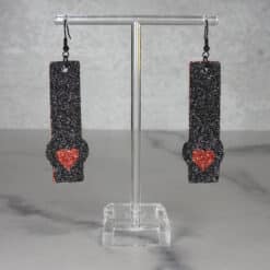 Black and Red Glitter Bottom Heart Faux Leather Bar Earrings - Front