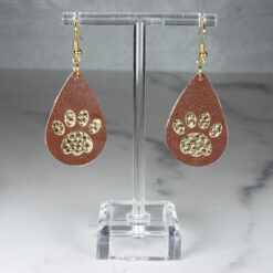 Brown Faux Leather and Gold Embossed Dog Paw Print Teardrop Earrings - Front