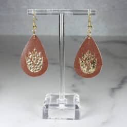 Brown Faux Leather and Gold Embossed Lotus Flower Teardrop Earrings - Front