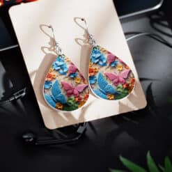 Colourful 3D Butterflies and Flowers Teardrop Earrings #1 - Lifestyle