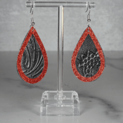 Embossed Black and Red Glitter Faux Leather Teardrop Earrings - Front
