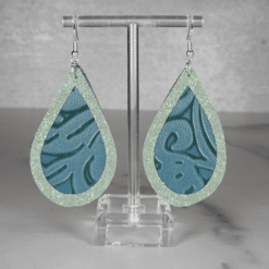 Embossed Teal and Silver Glitter Faux Leather Teardrop Earrings - Front