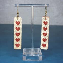 Gold Embossed and Red Glitter Heart Faux Leather Bar Earrings - Front