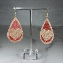 Gold Glitter and Brown Embossed Faux Leather Heart Teardrop Earrings - Front