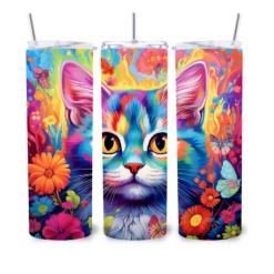 Multi-coloured Neon Cat with Flowers 20oz Tumbler - Lifestyle