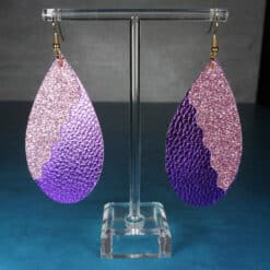 Pink Glitter and Purple Embossed Faux Leather Teardrop Earrings - Front