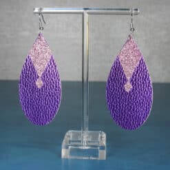 Purple Embossed and Pink Glitter Faux Leather Teardrop Earrings - Front