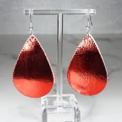 Red Glitter and Silver Embossed Faux Leather Heart Teardrop Earrings - Back