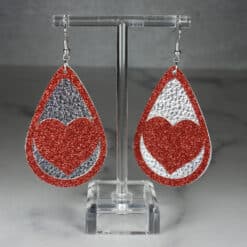 Red Glitter and Silver Embossed Faux Leather Heart Teardrop Earrings - Front