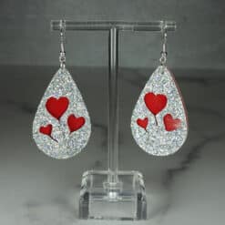 Red and Silver Glitter Heart Faux Leather Teardrop Earrings - Front