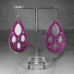 Silver Embossed Faux Leather and Purple Glitter Almond Cutout Teardrop Earrings - Front