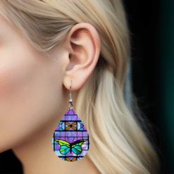 Stained Glass Teal and Green Butterfly Teardrop Earrings - Lifestyle