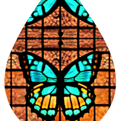 Teal Stained Glass Butterfly on Orange Window Teardrop Earrings - Render