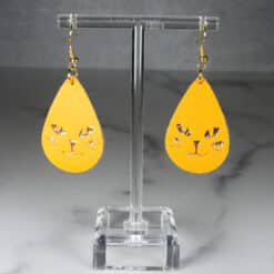 Yellow Faux Leather and Gold Embossed Cat Face Teardrop Earrings - Front