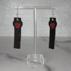 Black and Red Glitter Top Heart Faux Leather Bar Earrings - Front