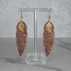 Brown Glitter Faux Leather with Gold Leaf Charm Feather Earrings - Front