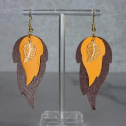Brown and Yellow Faux Leather with Gold Leaf Charm Feather Earrings - Front