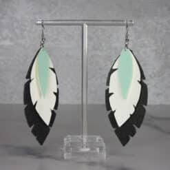 Dark Green and White Glitter with Pastel Green Faux Leather Feather Earrings - Front