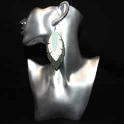 Dark Green and White Glitter with Pastel Green Faux Leather Feather Earrings - Head