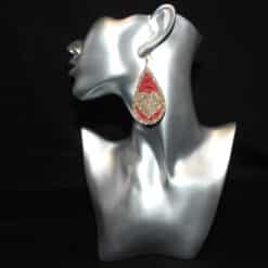 Gold Glitter and Brown Embossed Faux Leather Heart Teardrop Earrings - Head