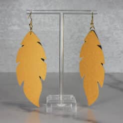 Gold and Dark Brown Embossed with Brown Glitter Faux Leather Feather Earrings - Back