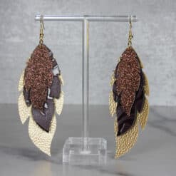 Gold and Dark Brown Embossed with Brown Glitter Faux Leather Feather Earrings - Front