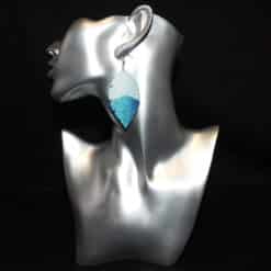 Light Blue Embossed and Blue Glitter Faux Leather Feather Earrings - Head