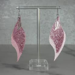 Pink Embossed and Pink Glitter with Silver Leaf Charm Faux Leather Leaf Earrings - Front