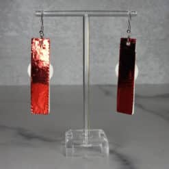 Red Glitter and Silver Embossed One Heart Faux Leather Bar Earrings - Back