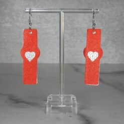 Red Glitter and Silver Embossed One Heart Faux Leather Bar Earrings - Front