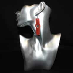 Red Glitter and Silver Embossed One Heart Faux Leather Bar Earrings - Head