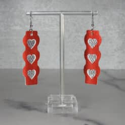 Red Glitter and Silver Embossed Three Hearts Faux Leather Bar Earrings - Front