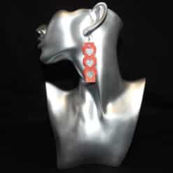 Red Glitter and Silver Embossed Three Hearts Faux Leather Bar Earrings - Head