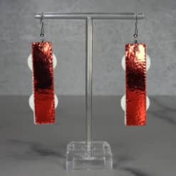 Red Glitter and Silver Embossed Two Hearts Faux Leather Bar Earrings - Back