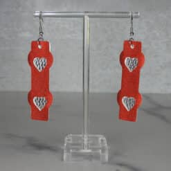 Red Glitter and Silver Embossed Two Hearts Faux Leather Bar Earrings - Front