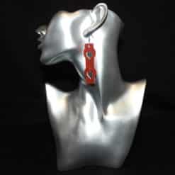 Red Glitter and Silver Embossed Two Hearts Faux Leather Bar Earrings - Head