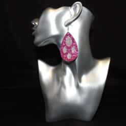 Silver Embossed Faux Leather and Purple Glitter Almond Cutout Teardrop Earrings - Head