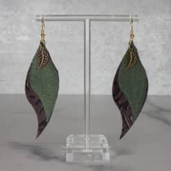 Brown Embossed and Green Glitter with Brown Leaf Charm Faux Leather Flame Earrings - Front