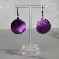 Pink Glitter with Black Love Me Text and Shiny Purple Backing Earrings - Back