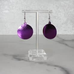 Pink Glitter with Neon Pink Love Me Text and Shiny Purple Backing Earrings - Back