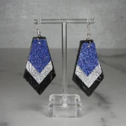 Black & Silver Embossed & Blue Glitter Faux Leather Kite Earrings with Shiny Blue Back - Front