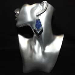 Black & Silver Embossed and Blue Glitter Faux Leather Kite Earrings with Shiny Blue Back - Head