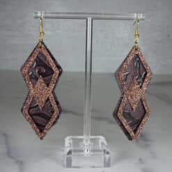 Brown Embossed and Brown Glitter Faux Leather Layered Diamond Earrings - Front