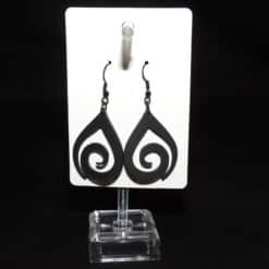 Abstract Spiral in a Drop Black Matte PLA 3D Printed Earrings - Front