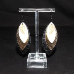 Black, Gold & White Faux Leather Stagged Earrings with Gold Leaf Charm - Front