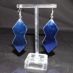 Blue Faux Leather & White Glitter Layered Diamond Earrings - Back