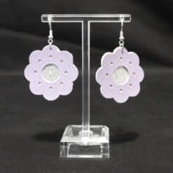 Lavender with Silver Glitter Faux Leather Flower Earrings - Front